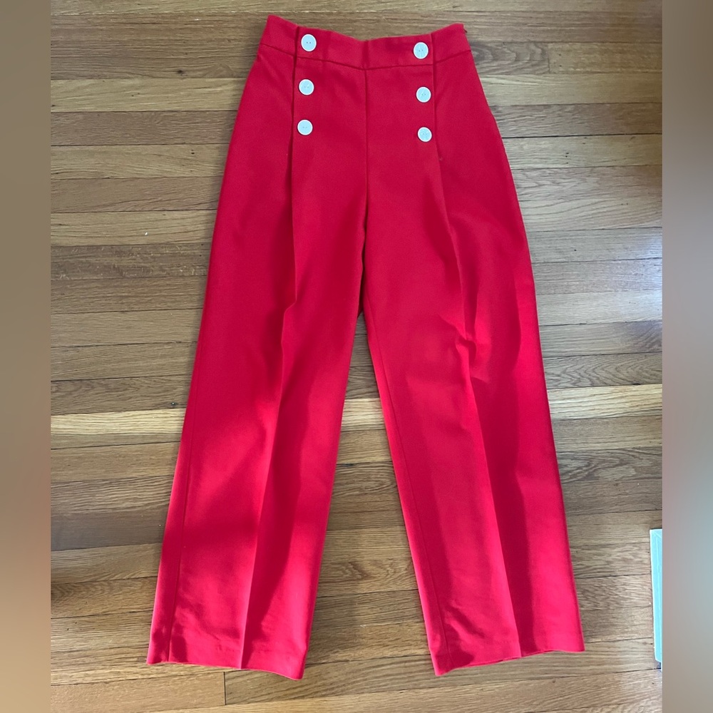 Zara Bright Red Wide-Leg High-Waist Pants with White Buttons